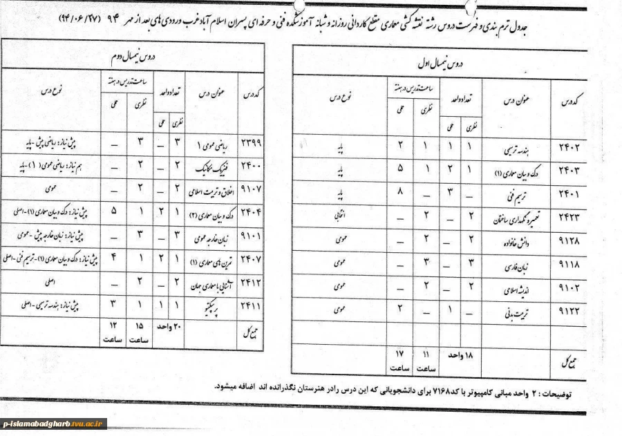 جدول دروس کاردانی معماری - نقشه کشی آموزشکده فنی اسلام آبادغرب